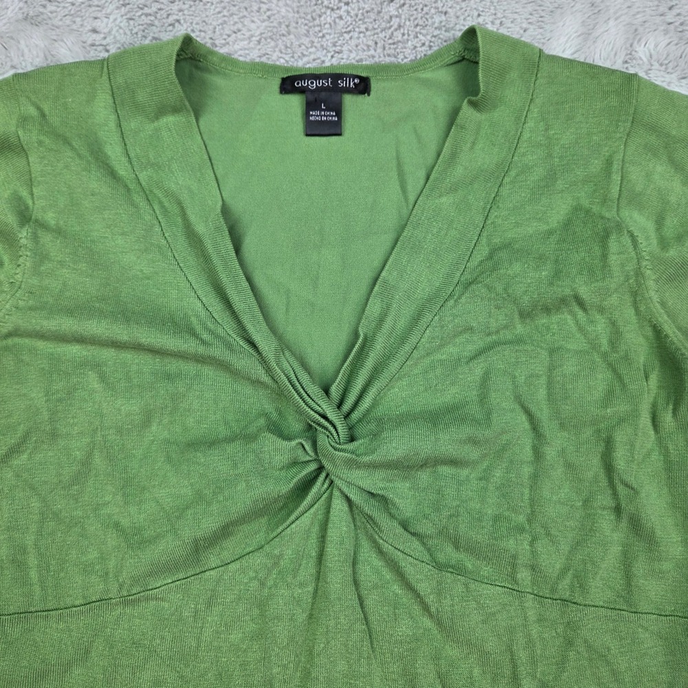 August Silk Silk Knit Top Womens Sz L Twist Front V-Neck Short Sleeve Leaf Green